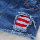 Toddler Girl Independence Day Strap Ruffle Top Ripped Denim Shorts Two Pieces Sets