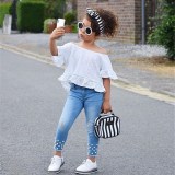 Toddler Girl Off The Shoulder Hollow Up Blouse and Pearl Ripped Jeans Two Pieces Sets