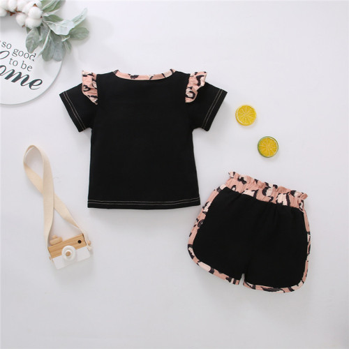 Toddler Girl Leopard Matching Ruffles T-shirt and Shorts Two Pieces Sets