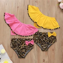 Kid Toddler Girl Leopard Print Bow Ruffles Bikini Set Beach Swimwear Two Pieces Swimsuit