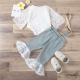 Baby Girl Lace Hollow Cut Bodysuit and Lace Ripped Flared Pants Two Pieces
