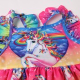 Girl Dresses Ruffles Sleeves Rainbow Unicorn A-line Dresses