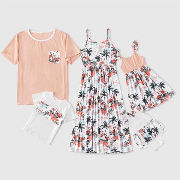 Flamingos Coconut-Print Dress And T-Shirt Matching Family Set