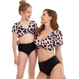 Mommy and Me Matching Swimwear Leopard Print Puff Sleeve Cross Over Two Pieces Swimsuit