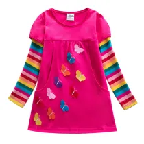 Toddler Girl Rainbow 3D Butterflies Pocketed Dresses Long Sleeve Dresses