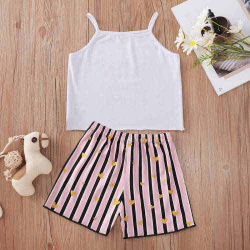 Toddler Girl Crown Princess Slip Tops and Pink Stripes Hearts Shorts Two Pieces Sets