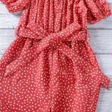 Toddler Girls Dot Printed Falbala One-shoulder Puff Sleeve Jumpsuits