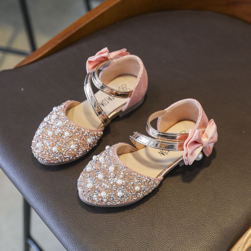 Kid Girl Crystal Diamond Pearls Bowknot Sandal Wedding Dress Shoes