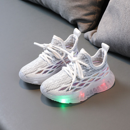 LED Light Kids Shoes Net Surface Lightweight Plaids Mesh Sport Sneakers Shoes