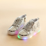 Toddler Kid Girl LED Light Shining Bright Zircon Flower Leather Sneakers Shoes