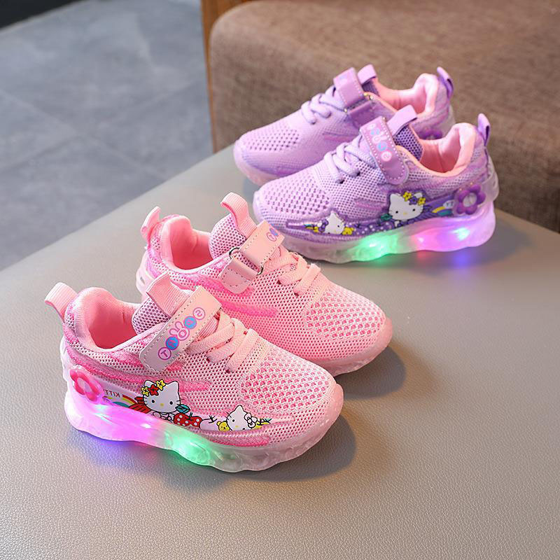 Kids Girl LED Light Shining Hello Kitty Net Mesh Breathed Running Sport Sneakers Shoes