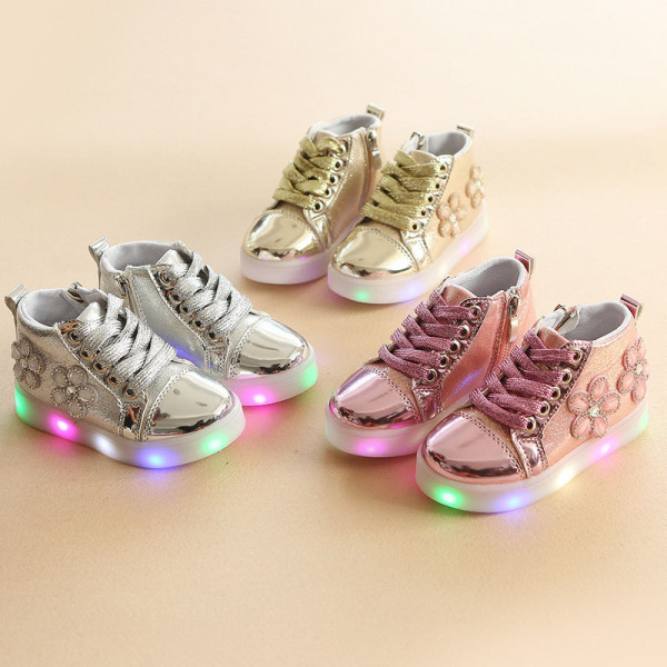 Toddler Kid Girl LED Light Shining Bright Zircon Flower Leather Sneakers Shoes
