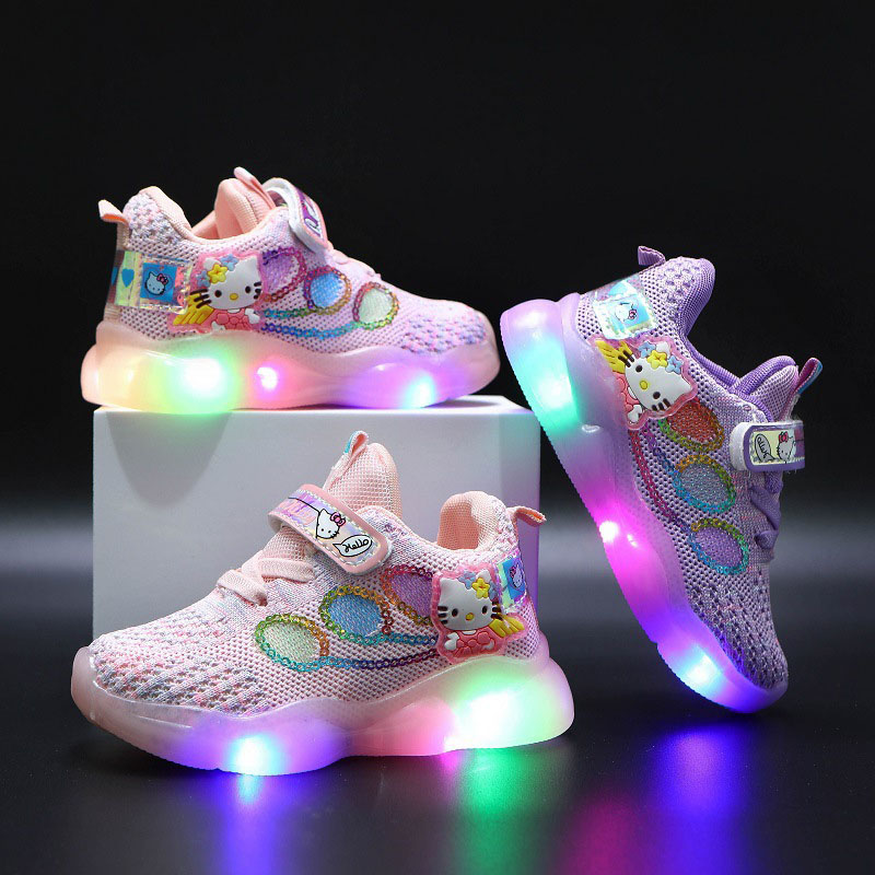 Toddler Kid Girl LED Light Shining Hello Kitty Mesh Breathable Sport Sneakers Shoes