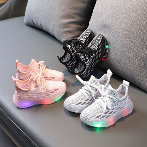 LED Light Kids Shoes Net Surface Lightweight Plaids Mesh Sport Sneakers Shoes
