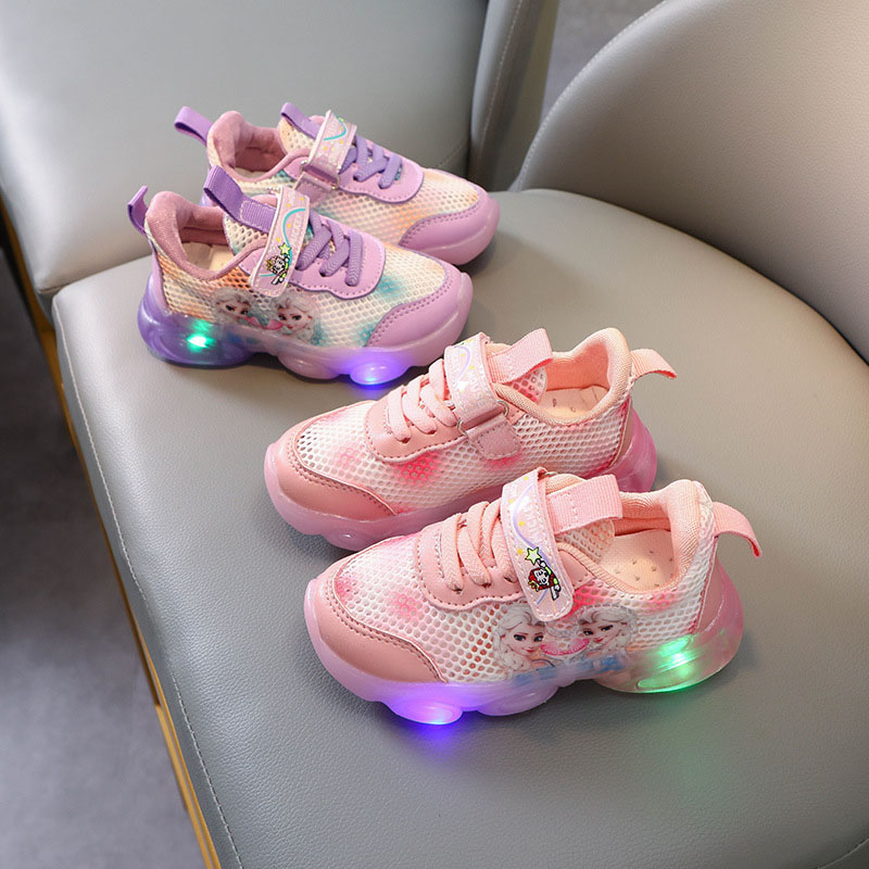 Toddler Kids Girl LED Light Frozen Mesh Breathable Slip On Sneakers Shoes