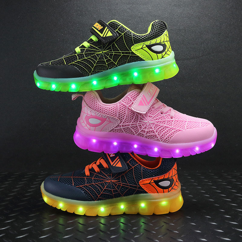 Kid USB Charging LED Light Spider Man Sports Mesh Breathable Sneakers Shoes For Boys Girls