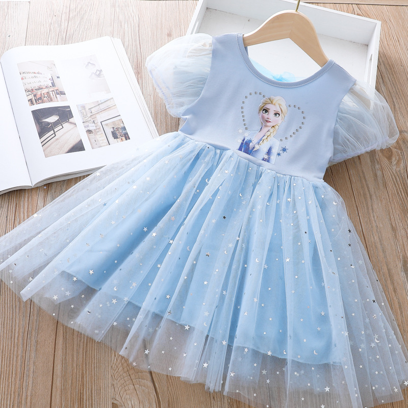 Toddler Girl Frozen Sequin Stars Ruffles Tutu Mesh Short Sleeve A-line Tutu Dresses