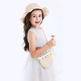 Kids Colorful Pompoms Straw Beach Sunhat With Bag Set