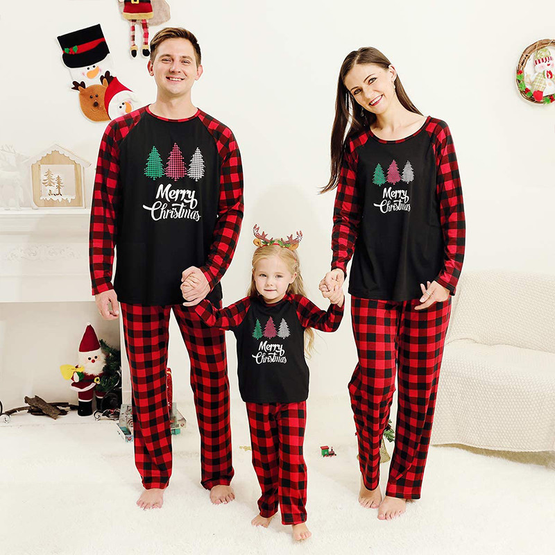 Christmas Family Matching Sleepwear Pajamas Sets Black Trees Top and ...