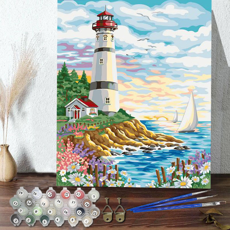 DIY Paint By Numbers Colorful Lighthouse Scenery Oil Painting Zero Basis HandPainted Home Decor Canvas Drawing