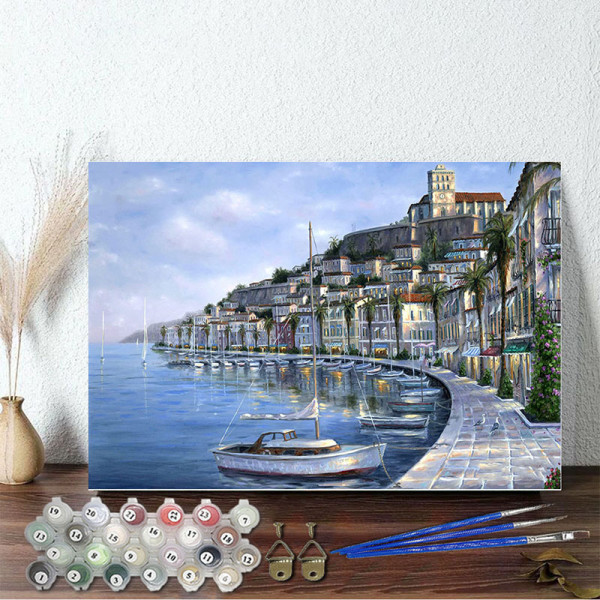 DIY Paint By Numbers Colorful Seaside City Oil Painting Zero Basis HandPainted Home Decor Canvas Drawing