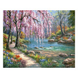 DIY Paint By Numbers Colorful Sakura Scenery Romantic Stream Oil Painting Zero Basis HandPainted Home Decor Canvas Drawing