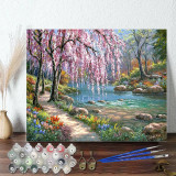DIY Paint By Numbers Colorful Sakura Scenery Romantic Stream Oil Painting Zero Basis HandPainted Home Decor Canvas Drawing