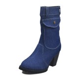 Women's Outside Shoes High Heel Denim Mid-tube Boots Booties