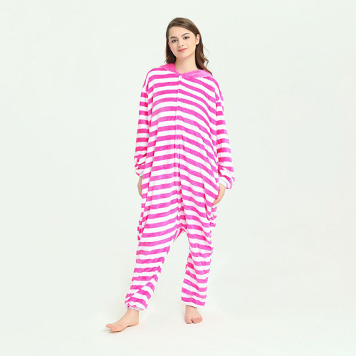 Family Kigurumi Pajamas Pink Stripes Cheshire Cat Animal Onesie Cosplay Costume Pajamas For Kids and Adults