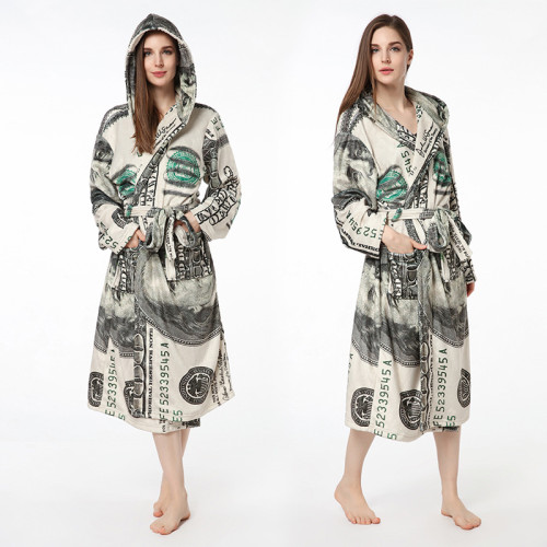 Print USA Dollars Soft Bathrobe Sleepwear Comfortable Loungewear With Hooded
