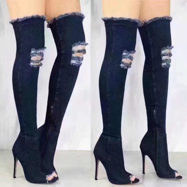 Fashion Cowboy Over The Knee Peep Toe Denim Thigh High-heeled Pointy Boots