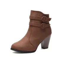 Women's Outside Suede Boots High Thick Heel Round Toe Belts Ladies Short Boots