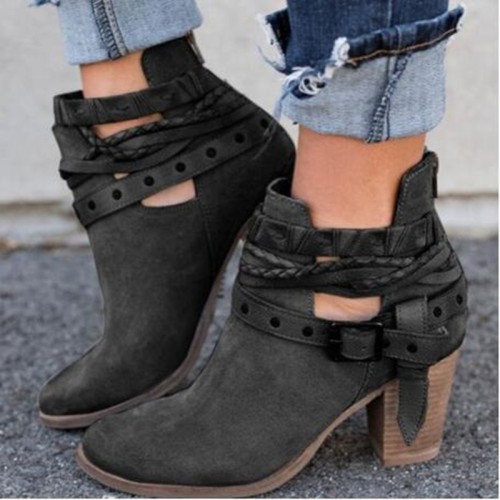 Women's Outside Boots High Thick Heel Hollow Out Round Toe Lace Booties Ladies Short Suede Boots