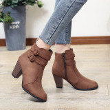 Women's Outside Suede Boots High Thick Heel Round Toe Belts Ladies Short Boots