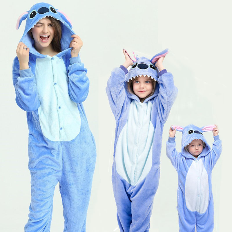 Family Kigurumi Pajamas Cartoon Blue Stitch Animal Onesie Cosplay Costume Pajamas For Kids and Adults