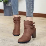 Women's Outside Suede Boots High Thick Heel Round Toe Belts Ladies Short Boots