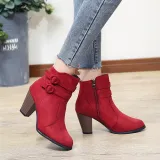 Women's Outside Suede Boots High Thick Heel Round Toe Belts Ladies Short Boots