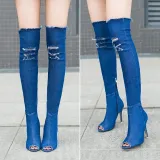 Fashion Cowboy Over The Knee Peep Toe Denim Thigh High-heeled Pointy Boots