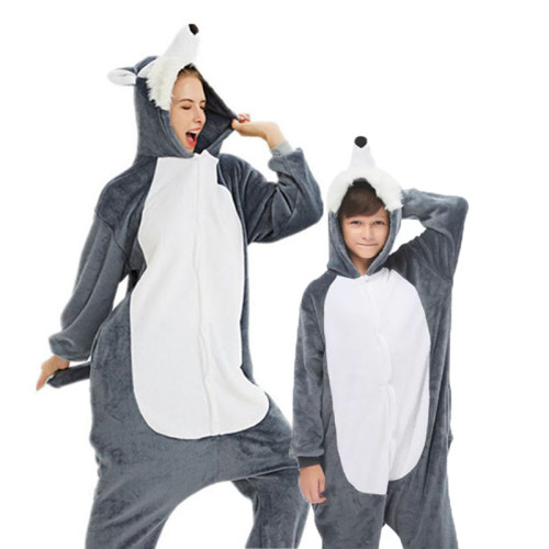 Family Kigurumi Pajamas 3D Grey Plush Husky Dog Animal Onesie Cosplay Costume Pajamas For Kids and Adults