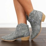 Women's Outside Shoes Leather Booties Round Head Embroidery Ethnic Style Knight Short Suede Boots