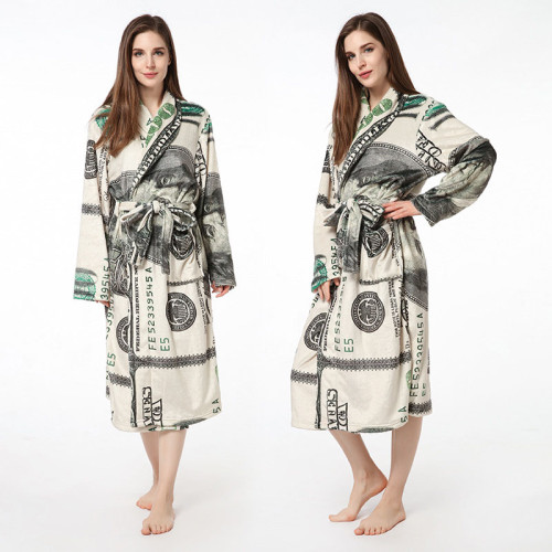 Print USA Dollars Soft Bathrobe Sleepwear Comfortable Loungewear