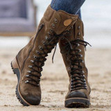 Women Round Toe Lace-up Suede Boots