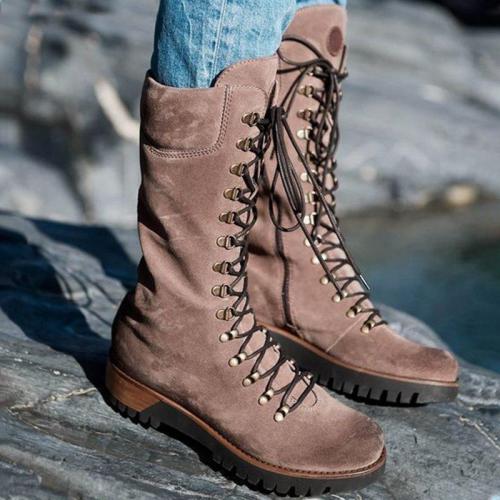 Women Round Toe Lace-up Suede Boots