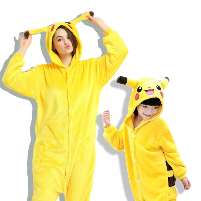 Family Kigurumi Pajamas Yellow Pokemon Pikachu Animal Onesie Cosplay Costume Pajamas For Kids and Adults