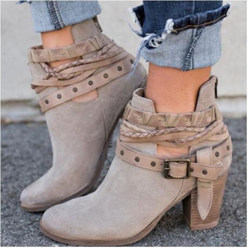 Women's Outside Boots High Thick Heel Hollow Out Round Toe Lace Booties Ladies Short Suede Boots