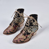 Women's Outside Shoes Chunky Heel Embroidered Flowers Short Boots Booties