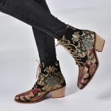 Women's Outside Shoes Chunky Heel Embroidered Flowers Short Boots Booties