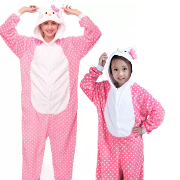 Family Kigurumi Pajamas Pink Dots Hello Kitty Cartoon Onesie Cosplay Costume Pajamas For Kids and Adults