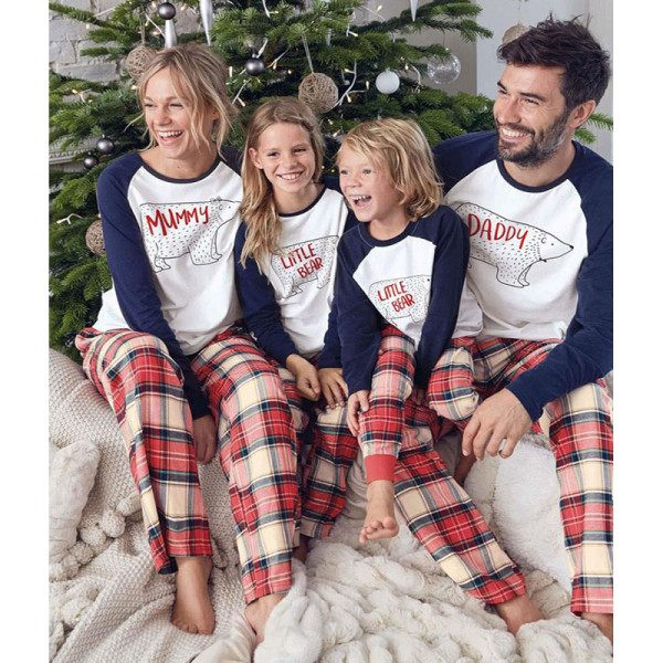 Christmas Family Matching Sleepwear Pajamas Sets White Bear Letter Top and Plaid Pants Family Pajamas Sets