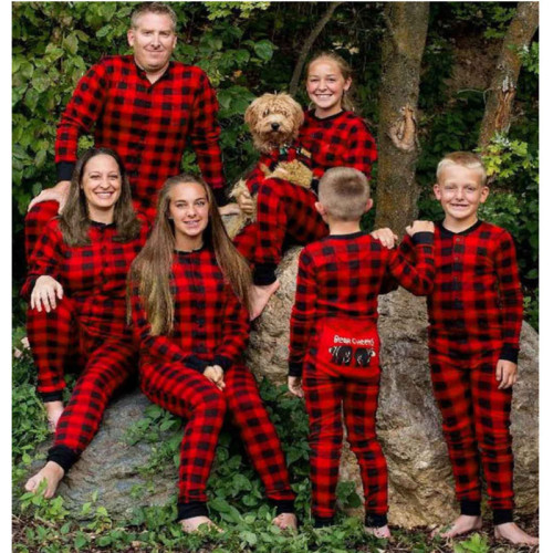 Christmas Family Matching Pajamas Sets Bear Cheeks Prints Red Plaid Jumpsuits
